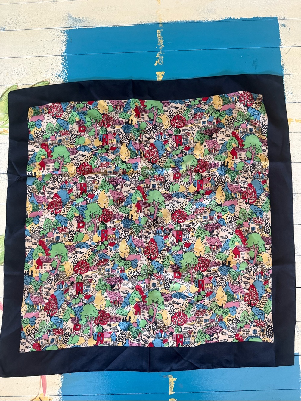 Liberty of London Silk Scarf w/ Colorful Village Scene & Black Border - Picture 7 of 10
